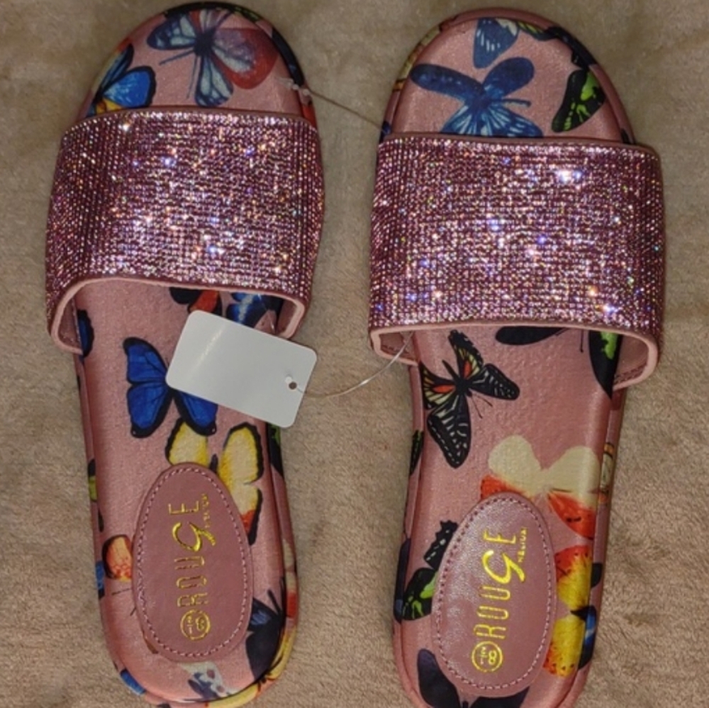 👣ROUGE! Mellow Rhinestone Band Printed Slide Sandals in Pink - Picture 4 of 11
